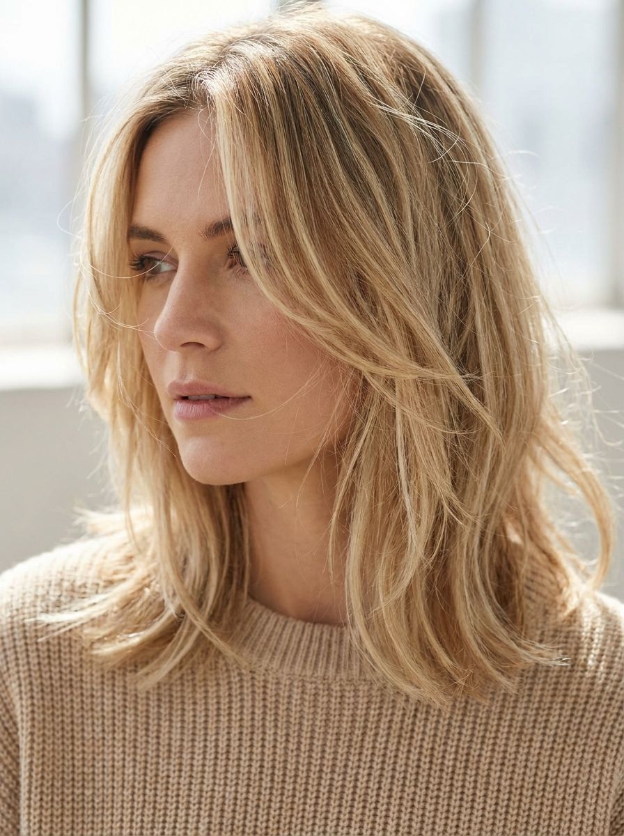 Mittellanger blonder Stufenschnitt mit Face-Framing - Stufenschnitt mittellang blond